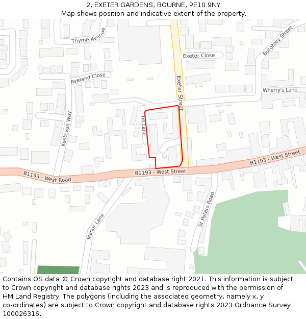 2, EXETER GARDENS, BOURNE, PE10 9NY: Location map and indicative extent of plot