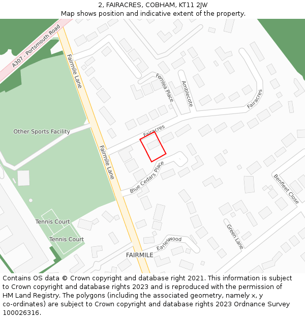2, FAIRACRES, COBHAM, KT11 2JW: Location map and indicative extent of plot