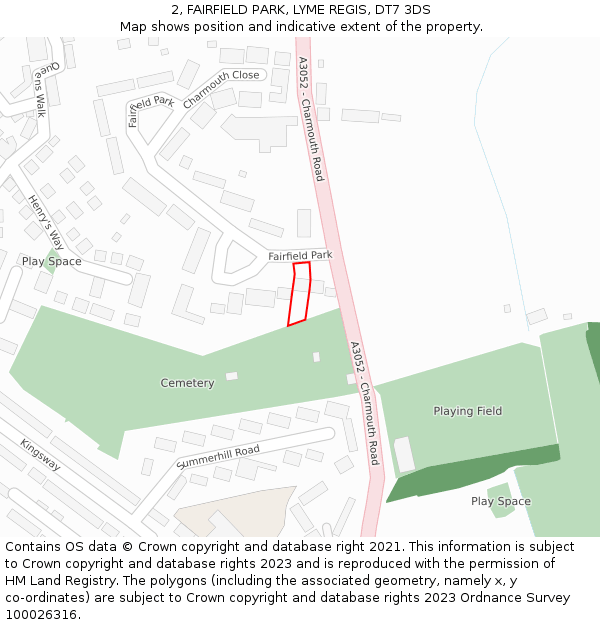 2, FAIRFIELD PARK, LYME REGIS, DT7 3DS: Location map and indicative extent of plot