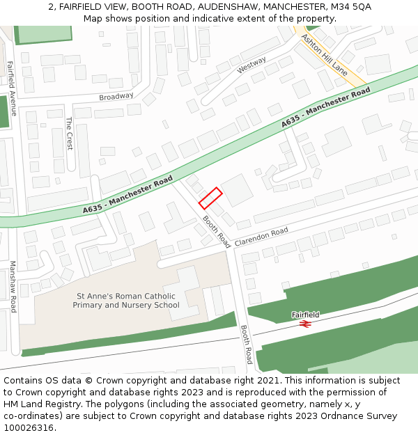 2, FAIRFIELD VIEW, BOOTH ROAD, AUDENSHAW, MANCHESTER, M34 5QA: Location map and indicative extent of plot