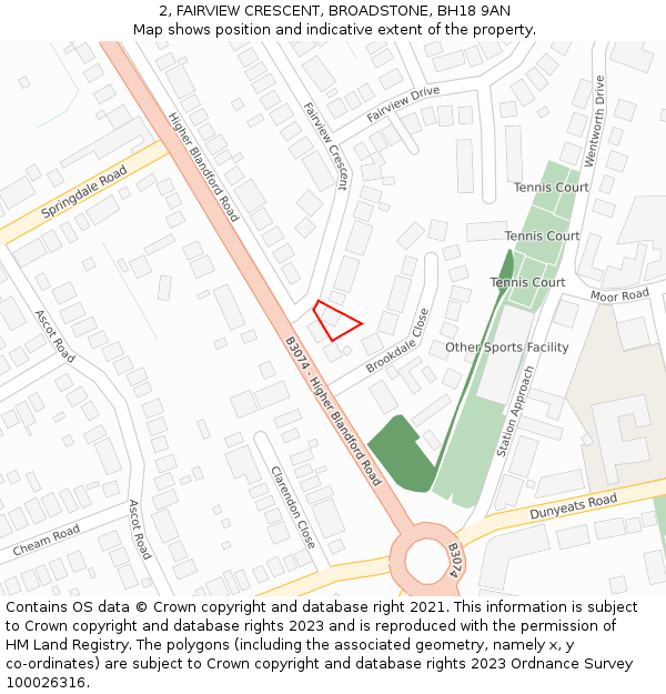 2, FAIRVIEW CRESCENT, BROADSTONE, BH18 9AN: Location map and indicative extent of plot