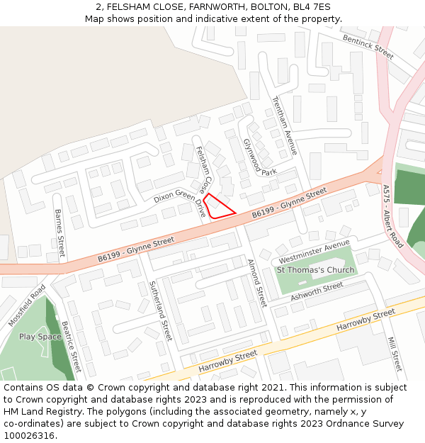 2, FELSHAM CLOSE, FARNWORTH, BOLTON, BL4 7ES: Location map and indicative extent of plot