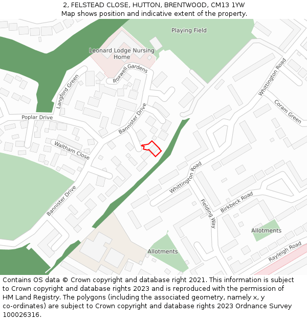 2, FELSTEAD CLOSE, HUTTON, BRENTWOOD, CM13 1YW: Location map and indicative extent of plot