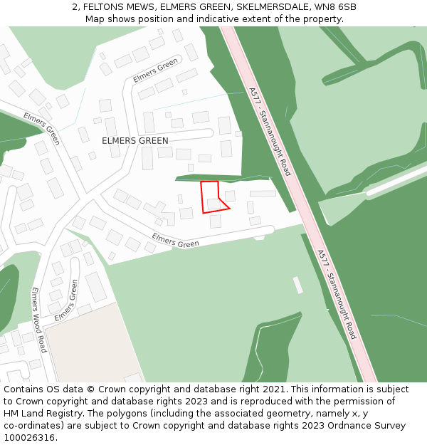 2, FELTONS MEWS, ELMERS GREEN, SKELMERSDALE, WN8 6SB: Location map and indicative extent of plot