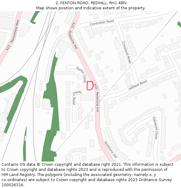 2, FENTON ROAD, REDHILL, RH1 4BN: Location map and indicative extent of plot