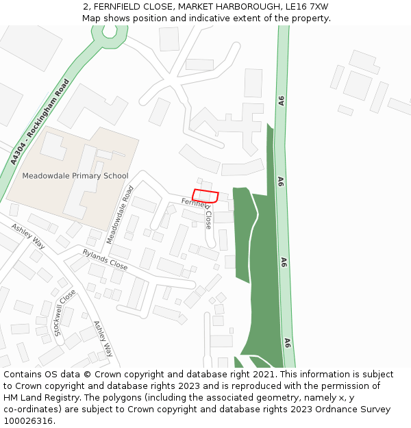 2, FERNFIELD CLOSE, MARKET HARBOROUGH, LE16 7XW: Location map and indicative extent of plot