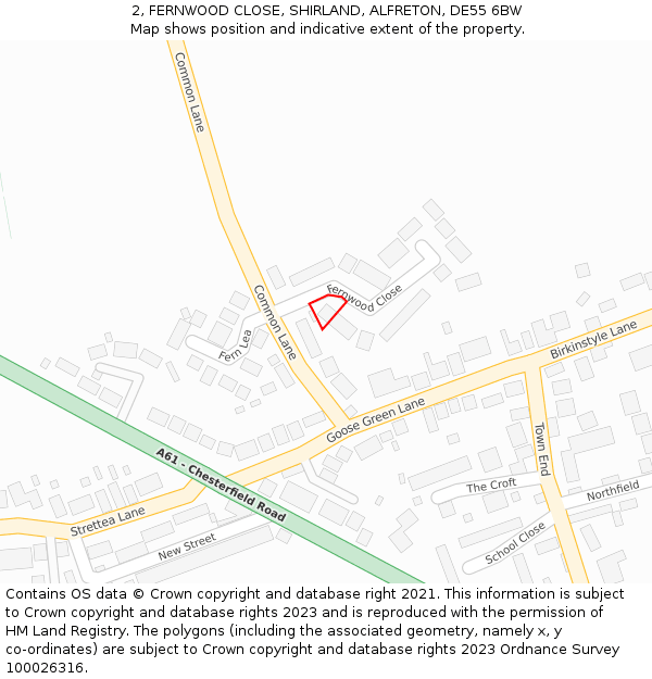 2, FERNWOOD CLOSE, SHIRLAND, ALFRETON, DE55 6BW: Location map and indicative extent of plot