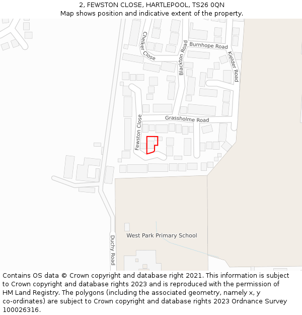 2, FEWSTON CLOSE, HARTLEPOOL, TS26 0QN: Location map and indicative extent of plot