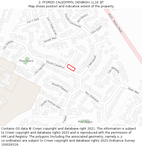 2, FFORDD CALEDFRYN, DENBIGH, LL16 3JT: Location map and indicative extent of plot