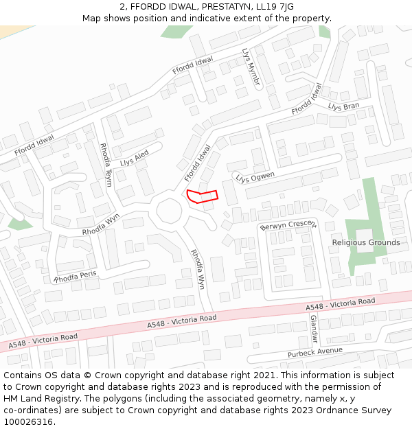 2, FFORDD IDWAL, PRESTATYN, LL19 7JG: Location map and indicative extent of plot