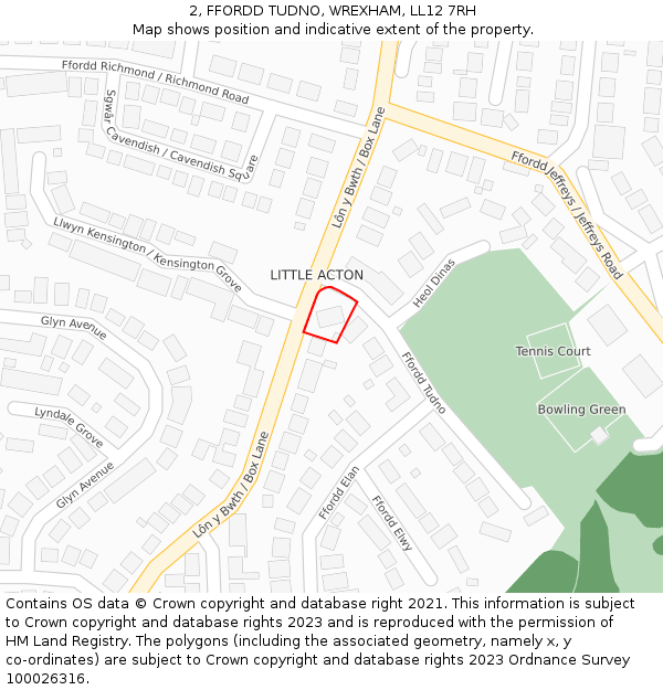 2, FFORDD TUDNO, WREXHAM, LL12 7RH: Location map and indicative extent of plot
