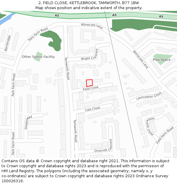 2, FIELD CLOSE, KETTLEBROOK, TAMWORTH, B77 1BW: Location map and indicative extent of plot