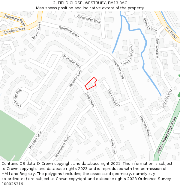 2, FIELD CLOSE, WESTBURY, BA13 3AG: Location map and indicative extent of plot