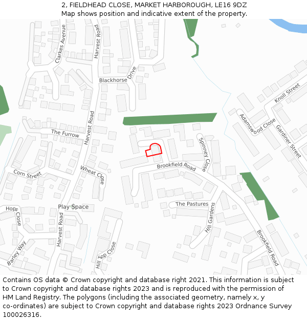 2, FIELDHEAD CLOSE, MARKET HARBOROUGH, LE16 9DZ: Location map and indicative extent of plot