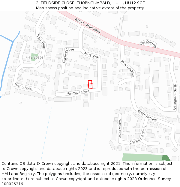 2, FIELDSIDE CLOSE, THORNGUMBALD, HULL, HU12 9GE: Location map and indicative extent of plot
