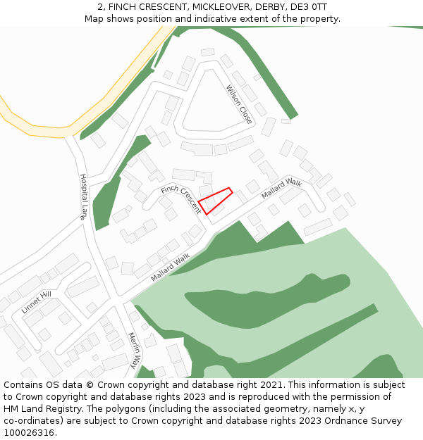 2, FINCH CRESCENT, MICKLEOVER, DERBY, DE3 0TT: Location map and indicative extent of plot