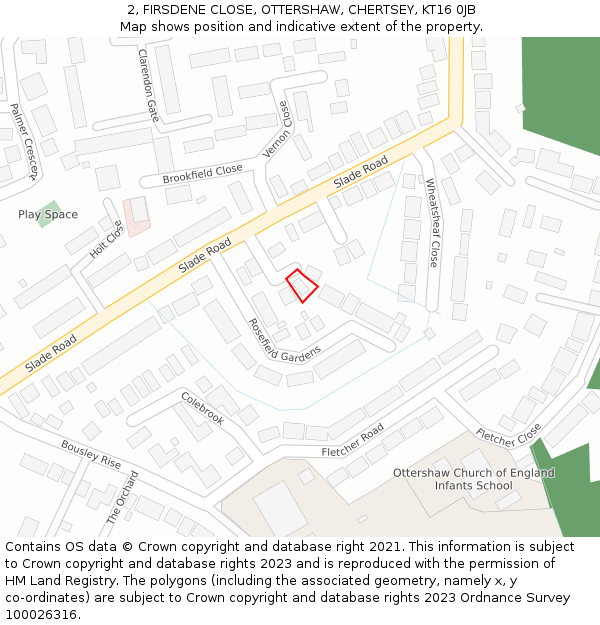 2, FIRSDENE CLOSE, OTTERSHAW, CHERTSEY, KT16 0JB: Location map and indicative extent of plot