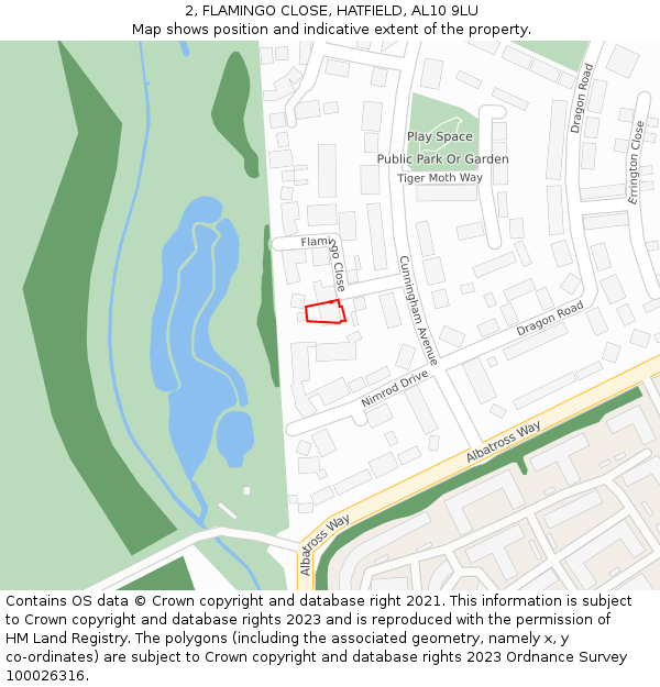 2, FLAMINGO CLOSE, HATFIELD, AL10 9LU: Location map and indicative extent of plot