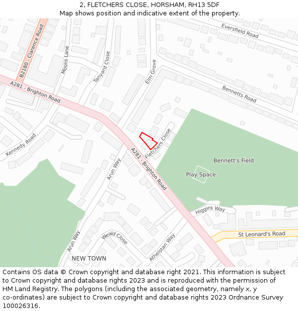 2, FLETCHERS CLOSE, HORSHAM, RH13 5DF: Location map and indicative extent of plot