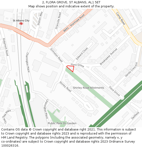2, FLORA GROVE, ST ALBANS, AL1 5ET: Location map and indicative extent of plot