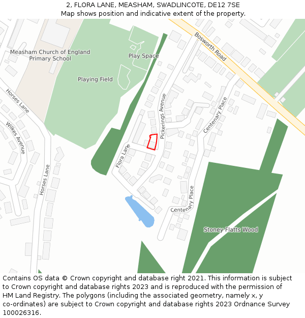 2, FLORA LANE, MEASHAM, SWADLINCOTE, DE12 7SE: Location map and indicative extent of plot