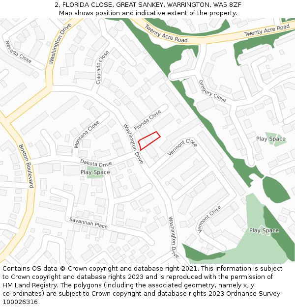 2, FLORIDA CLOSE, GREAT SANKEY, WARRINGTON, WA5 8ZF: Location map and indicative extent of plot