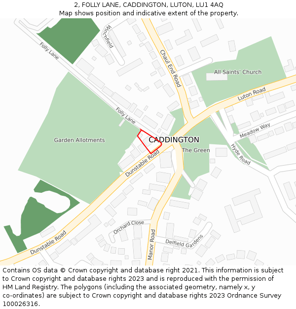 2, FOLLY LANE, CADDINGTON, LUTON, LU1 4AQ: Location map and indicative extent of plot