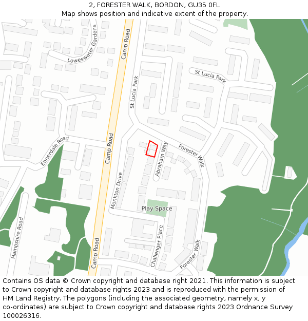 2, FORESTER WALK, BORDON, GU35 0FL: Location map and indicative extent of plot