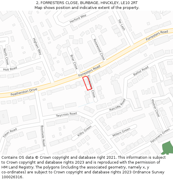 2, FORRESTERS CLOSE, BURBAGE, HINCKLEY, LE10 2RT: Location map and indicative extent of plot