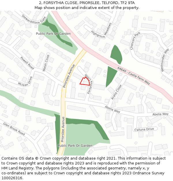 2, FORSYTHIA CLOSE, PRIORSLEE, TELFORD, TF2 9TA: Location map and indicative extent of plot