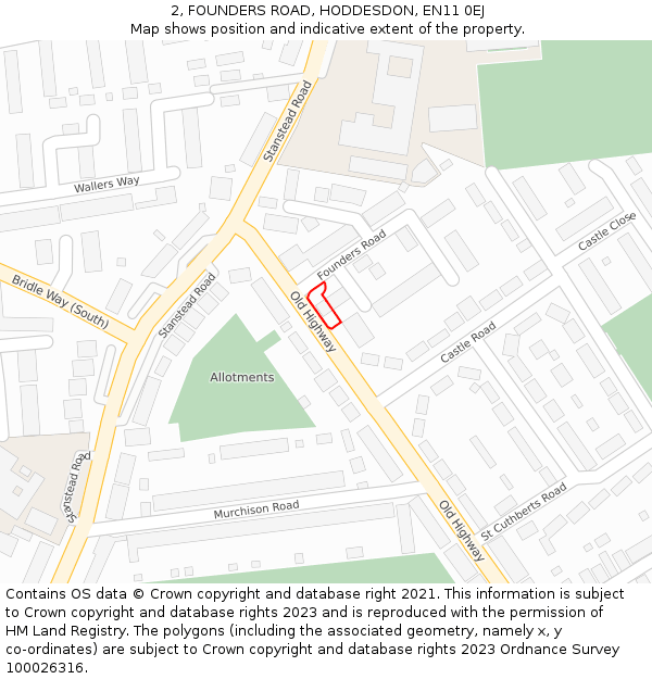2, FOUNDERS ROAD, HODDESDON, EN11 0EJ: Location map and indicative extent of plot