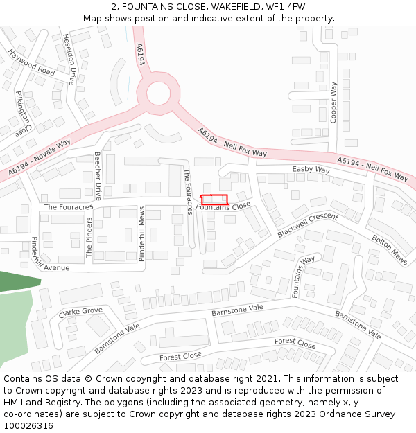 2, FOUNTAINS CLOSE, WAKEFIELD, WF1 4FW: Location map and indicative extent of plot