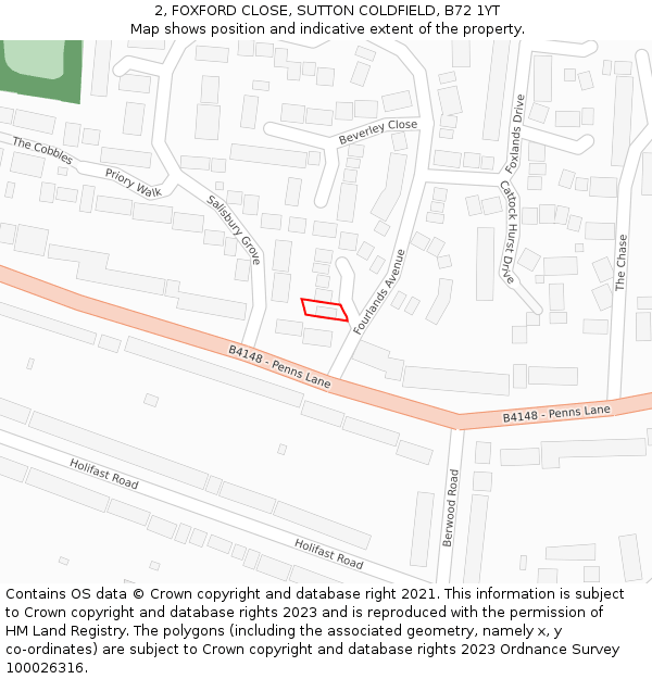 2, FOXFORD CLOSE, SUTTON COLDFIELD, B72 1YT: Location map and indicative extent of plot