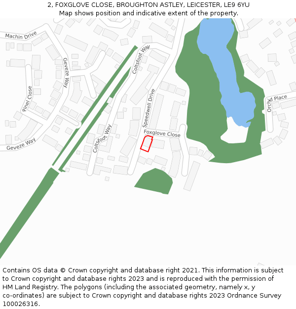 2, FOXGLOVE CLOSE, BROUGHTON ASTLEY, LEICESTER, LE9 6YU: Location map and indicative extent of plot