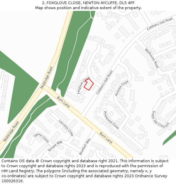 2, FOXGLOVE CLOSE, NEWTON AYCLIFFE, DL5 4PF: Location map and indicative extent of plot