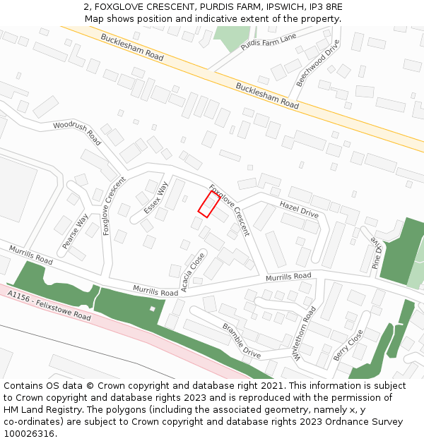 2, FOXGLOVE CRESCENT, PURDIS FARM, IPSWICH, IP3 8RE: Location map and indicative extent of plot
