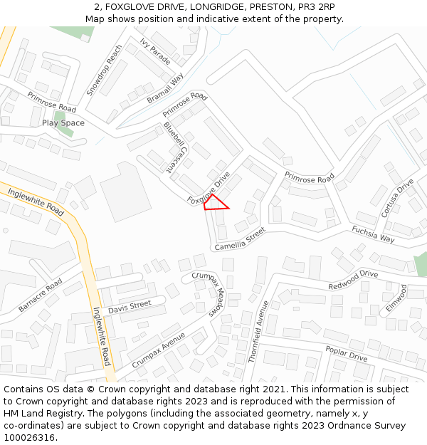 2, FOXGLOVE DRIVE, LONGRIDGE, PRESTON, PR3 2RP: Location map and indicative extent of plot