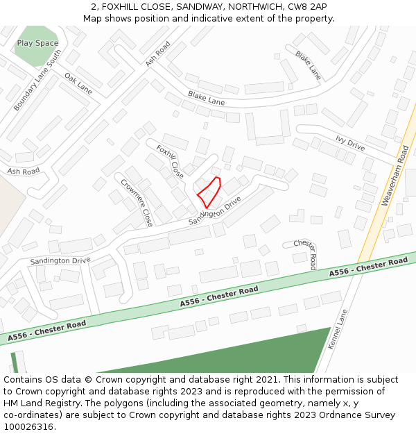 2, FOXHILL CLOSE, SANDIWAY, NORTHWICH, CW8 2AP: Location map and indicative extent of plot