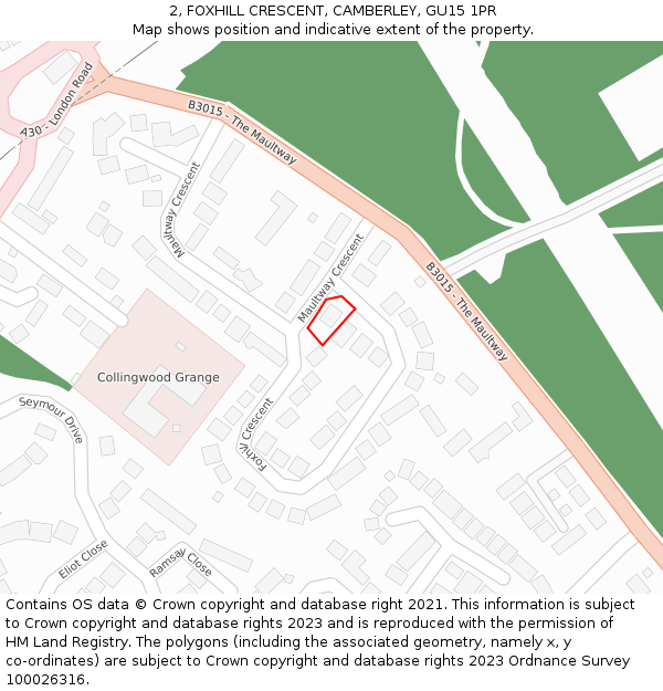 2, FOXHILL CRESCENT, CAMBERLEY, GU15 1PR: Location map and indicative extent of plot