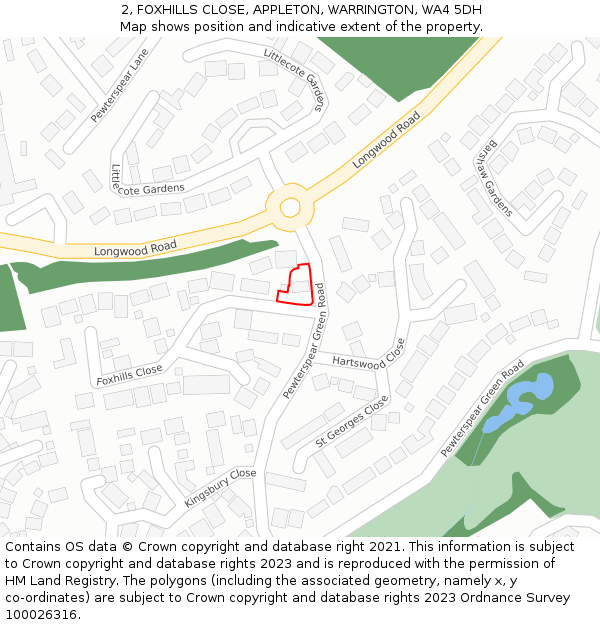 2, FOXHILLS CLOSE, APPLETON, WARRINGTON, WA4 5DH: Location map and indicative extent of plot