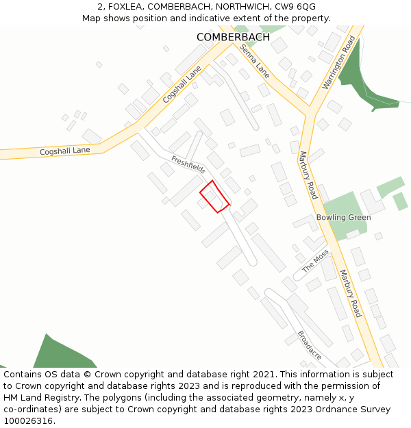 2, FOXLEA, COMBERBACH, NORTHWICH, CW9 6QG: Location map and indicative extent of plot