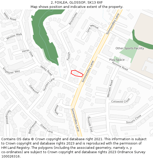 2, FOXLEA, GLOSSOP, SK13 6XF: Location map and indicative extent of plot