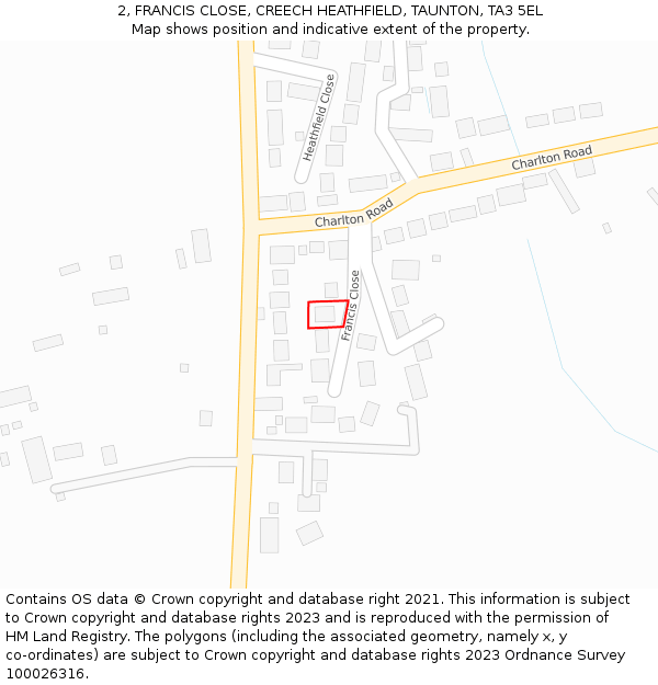 2, FRANCIS CLOSE, CREECH HEATHFIELD, TAUNTON, TA3 5EL: Location map and indicative extent of plot