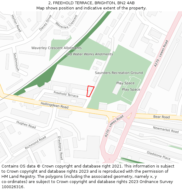 2, FREEHOLD TERRACE, BRIGHTON, BN2 4AB: Location map and indicative extent of plot