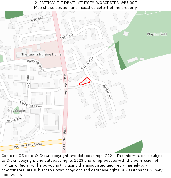 2, FREEMANTLE DRIVE, KEMPSEY, WORCESTER, WR5 3SE: Location map and indicative extent of plot