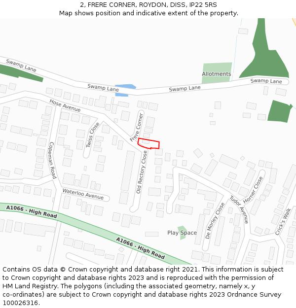 2, FRERE CORNER, ROYDON, DISS, IP22 5RS: Location map and indicative extent of plot