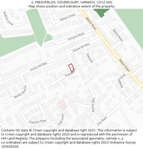 2, FRESHFIELDS, DOVERCOURT, HARWICH, CO12 4XG: Location map and indicative extent of plot