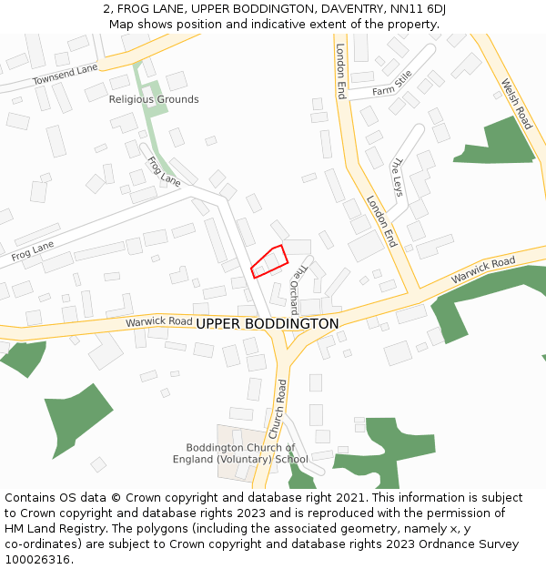 2, FROG LANE, UPPER BODDINGTON, DAVENTRY, NN11 6DJ: Location map and indicative extent of plot