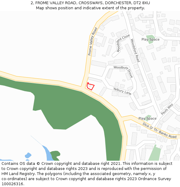 2, FROME VALLEY ROAD, CROSSWAYS, DORCHESTER, DT2 8XU: Location map and indicative extent of plot