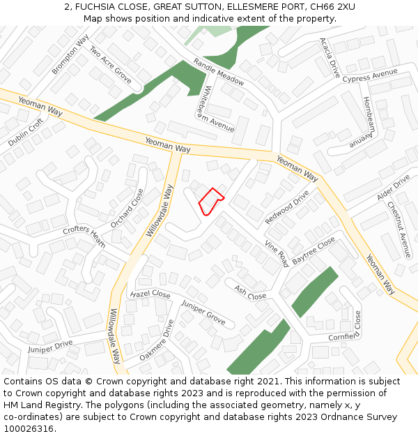 2, FUCHSIA CLOSE, GREAT SUTTON, ELLESMERE PORT, CH66 2XU: Location map and indicative extent of plot